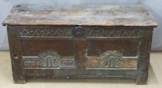 17th/18thC carved oak trunk, W110 x D47 x H52cm