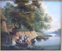 19thC oil on board of figures in rowing boat, in gilt frame