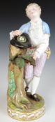 Meissen figure of a man with bird's eggs in his hat, leaning on a tree stump, H19cm
