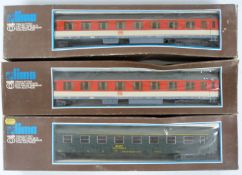 Three Lima 0 gauge model railway continental passenger coaches including SNCF and DB, all in
