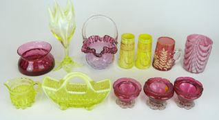 Twelve pieces of 19th/20thC Stourbridge and similar cranberry, vaseline and uranium glass