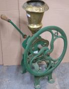 A vintage hand cranked cast iron and brass coffee grinder by Zach Parkes, Birmingham H70cm