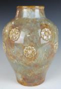Royal Doulton art pottery vase with relief moulded floral decoration, signed Maud Bowden, H20.5cm