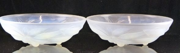 A pair of G Vallon French opalescent glass bowls decorated with fruit and foliage and marked 'G