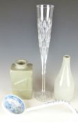 Asprey and Garrard oversized champagne flute, studio pottery vases and a 19thC blue and white ladle