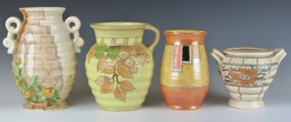 Charlotte Rhead for Crown Ducal ribbed vase, Art Deco Beswick vase and two other Crown Ducal