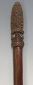 New Zealand Maori 19thC taiaha staff with carved Janus head, geometric detail, inset abalone or