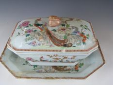 A 19thC famille rose tureen, cover and under plate, the tureen with figural pig handles, W28 x D39 x