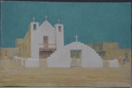 Geoffrey Jenkinson (1925 - 2005) oil on board 'Taos Pueblo Church, Moonlight', signed and dated
