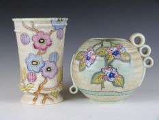 Two Crown Devon Art Deco tube lined vases in the manner of Charlotte Rhead, the tallest decorated in