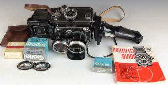 Tele Rolleiflex TLR camera, serial number 2300613, with Sonnar 135mm lens, lens hood, caps,