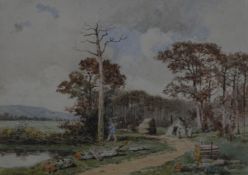 Georges Gassies (1829-1919) watercolour 'The Woodcutter' cottage, figures and a man chopping down
