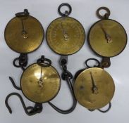 Five Salter spring balances with circular brass dials comprising No 20G 2lb, No 20M 40lb, class II