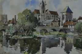 Edward Wesson (1910-1983) watercolour bridge over calm river with church and village beyond,