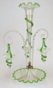 19thC Stourbridge or similar green glass epergne with hanging baskets and central trumpet, 57cm