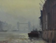 Marcus Holley Ford (1914-1989) oil on canvas Thames river scene with barges alongside a wharf and