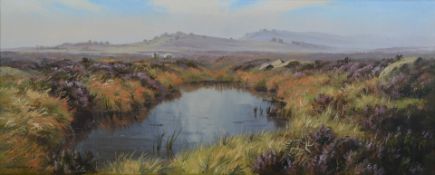 Rex N Preston (b1948) oil on canvas sheep in a landscape, signed lower left, 24 x 60cm, in gilt