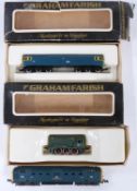 Three Graham Farish N gauge model railway diesel locomotives comprising Class 08, Class 47 and Class