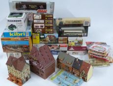 A collection of Faller, Wills and similar 00 gauge H0 scale model railway buildings, vehicles,