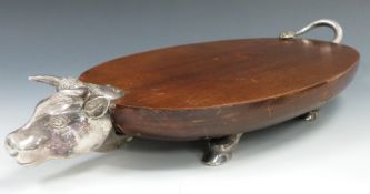 Novelty serving platter formed as a bull with silver plated head, feet and tail, length 47cm
