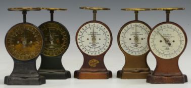 Five sets of Salter No 11 letter balances, all to weigh 24oz and with postage rates to dials