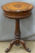 Victorian burr walnut and mahogany sewing table raised on fluted column and three scrolling feet,