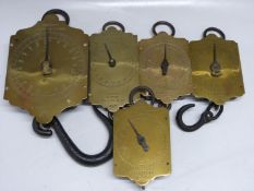 Five Salter spring balances comprising 200lb, 20 kilo, No 60 10lb, 40lb and No2 40lb examples