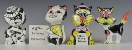 Four Lorna Bailey cat figures comprising two advertising examples, Mobster and Humphrey, tallest