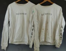 Two white Damien Hirst/ Science sweatshirts with Hirst spot design to sleeves and logos front and