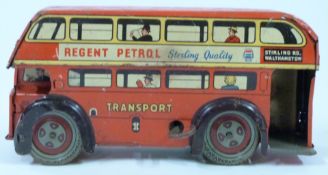 Brimtoy clockwork tinplate London double decker bus with 'Transport', 'Regent Petrol' and '