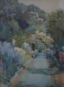 Beatrice Parsons (1870-1955) watercolour Clardon Park, Guildford, garden path laid to lawn with