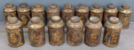 A set of fifteen 19thC/20thC numbered tin / tableware tea / botanical shop display / advertising