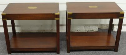 A pair of mahogany campaign style side tables with brass fittings, W61 x D36 x H51cm