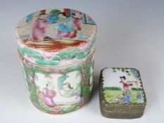 A 19th/20thC Canton Chinese covered canister / caddy and a make up box with mirror, H9, diameter 8cm