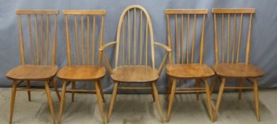 Ercol set of five light elm dining chairs including one carver