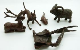 Five Japanese bronzes comprising a fish, deer, crab claws, dog and ram, largest 10 x 5.5cm