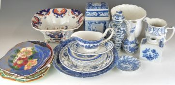 A large collection of blue and white ceramics including Chinese vase, Japanese charger, Imari ware