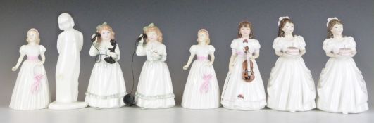 Eight Royal Doulton figurines including two Birthday Girl, two Pretty as a Picture, two Hello Daddy,