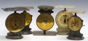 Five Salter No 25 postal parcel balances, comprising 7 1/2lb,  two 11llb and two 22lb examples,