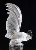 Lalique Coq Nain frosted and clear glass cockerel paperweight, signed 'Lalique France', 21cm tall,