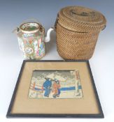 Chinese Canton ware teapot in basket and a Japanese print