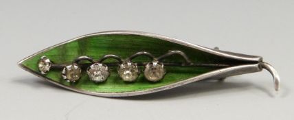 Art Nouveau hallmarked silver and green enamel brooch formed as a leaf set with paste stones,