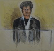 Pastel on paper 'Gary Glitter 12.11.99 Bristol CC (54 guilty pleas)', defendant in the dock at court