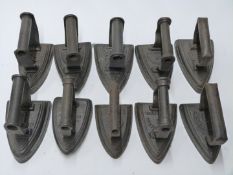 Ten flat irons, all number 1, makes include Sheldon & Co. JK&S, McCulloch, Kenrick and E.Puch &