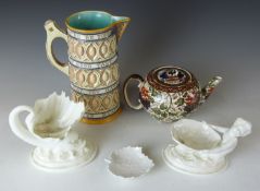 Wedgwood majolica motto jug, H19cm, two Royal Worcester figural sweetmeat dishes, Berlin pickle dish