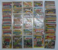 Eighty-four Mighty World of Marvel comic books numbered 14-132 dating from 1973-75.