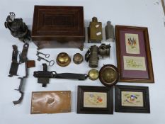 Hallmarked silver mounted leather 'Bridge' box, trench art containers, model engines, desk bell, WW1