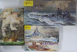 Four plastic model ship kits Heller Jean Bart, Royal Louis and Colbert and Airfix 1:1600 scale HMS