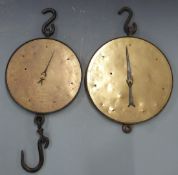 Two large Salter circular spring balances comprising 20T 150lb, diameter 39cm and 20T 250lb diameter