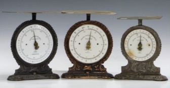 Three Salter's No 35 postal parcel balances, two to weigh 11lb and one 7lb, all with postage rates